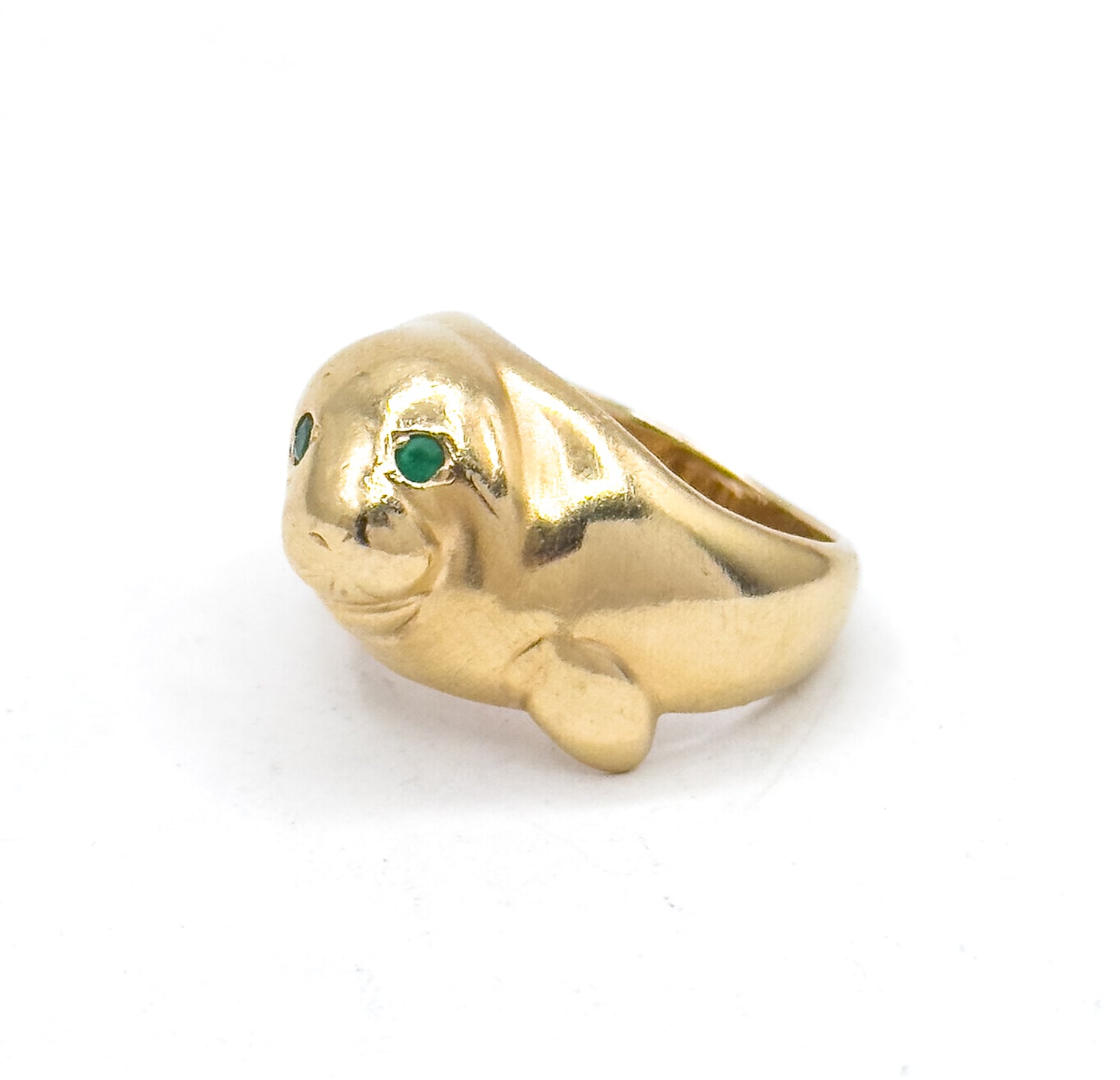 Amazing Vintage Manatee Ring in 14K Yellow Gold w Emerald Eyes