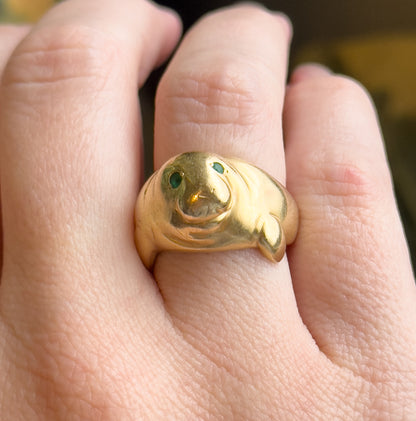 Amazing Vintage Manatee Ring in 14K Yellow Gold w Emerald Eyes