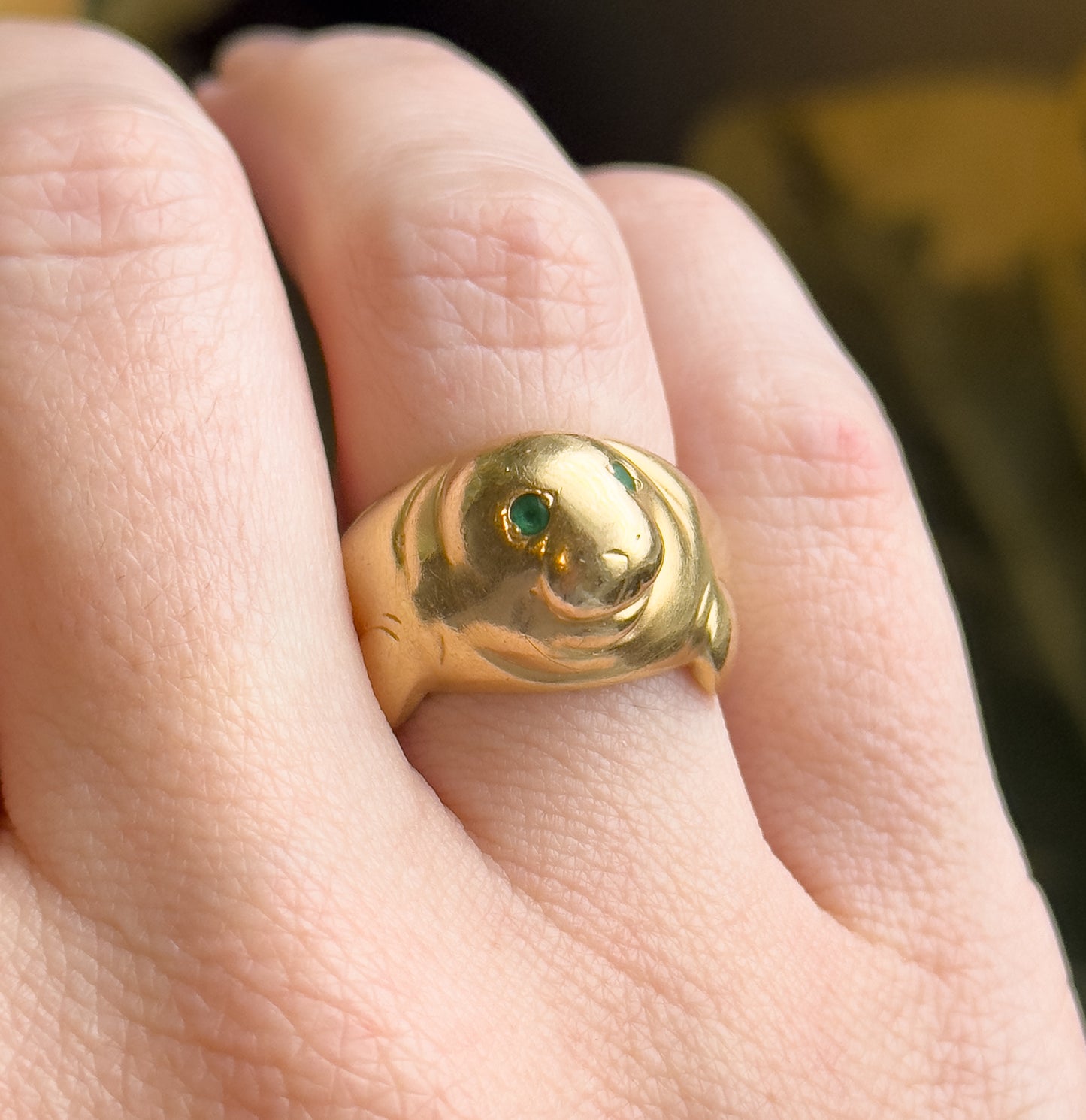 Amazing Vintage Manatee Ring in 14K Yellow Gold w Emerald Eyes