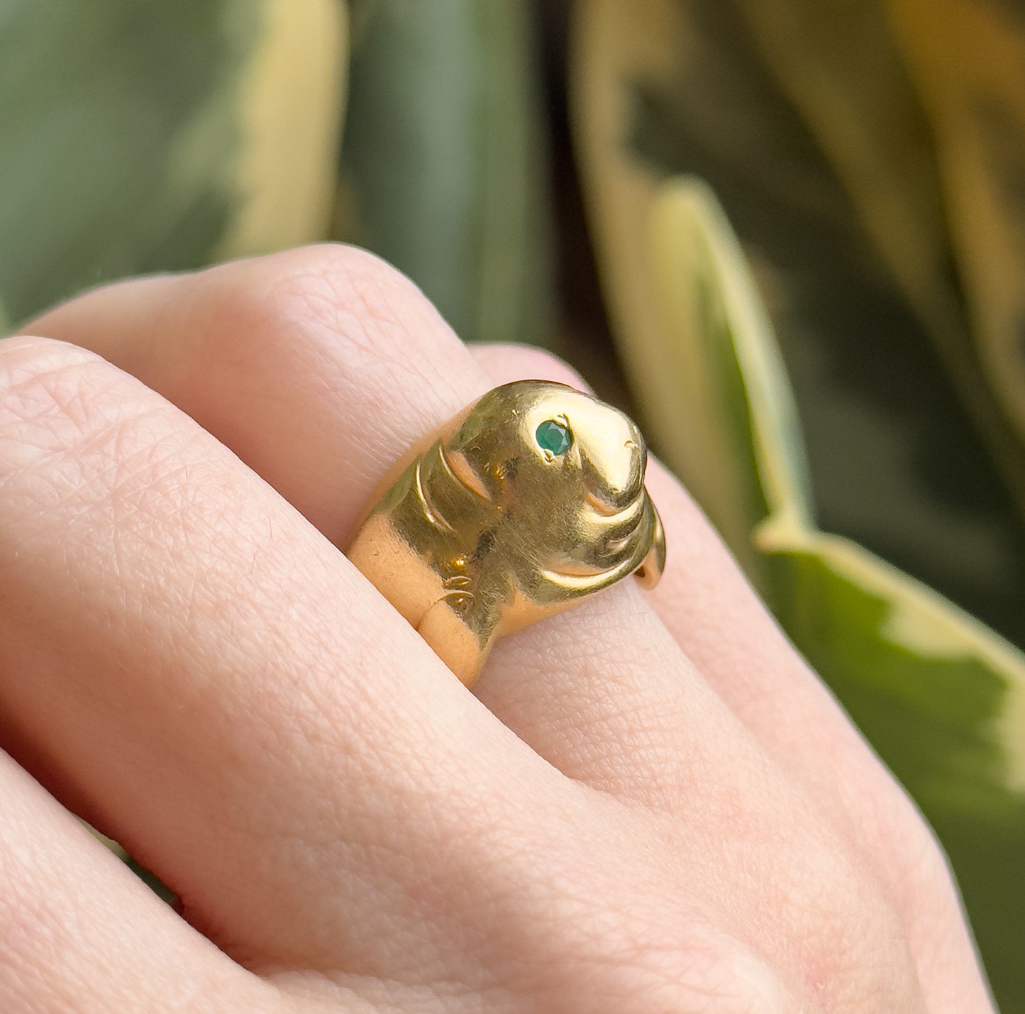 Amazing Vintage Manatee Ring in 14K Yellow Gold w Emerald Eyes