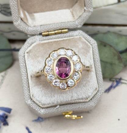 Vintage Pink Tourmaline & Diamond Halo Ring in 14K Yellow Gold