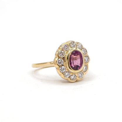 Vintage Pink Tourmaline & Diamond Halo Ring in 14K Yellow Gold
