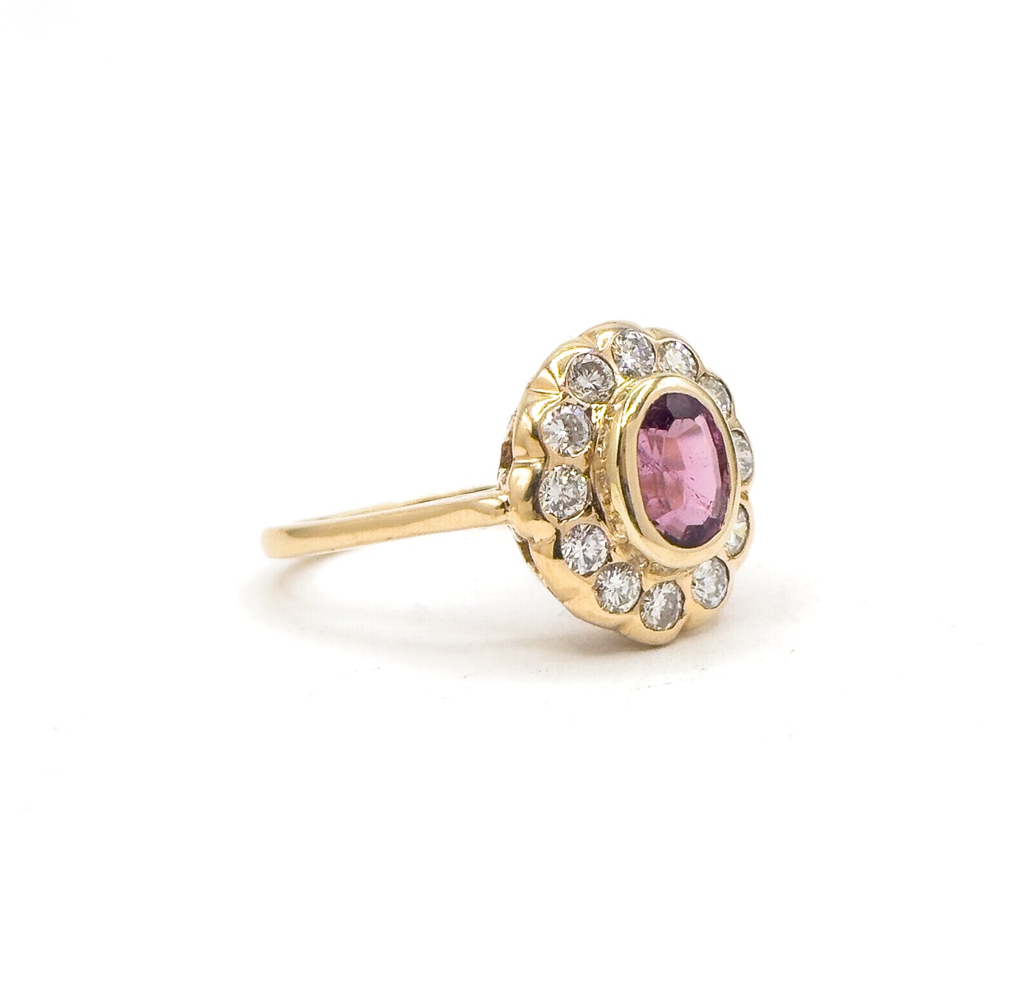 Vintage Pink Tourmaline & Diamond Halo Ring in 14K Yellow Gold