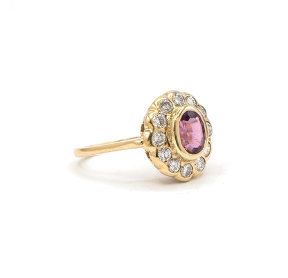 Vintage Pink Tourmaline & Diamond Halo Ring in 14K Yellow Gold