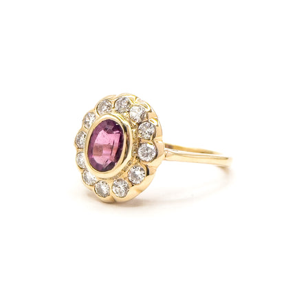 Vintage Pink Tourmaline & Diamond Halo Ring in 14K Yellow Gold