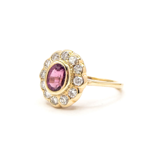 Vintage Pink Tourmaline & Diamond Halo Ring in 14K Yellow Gold