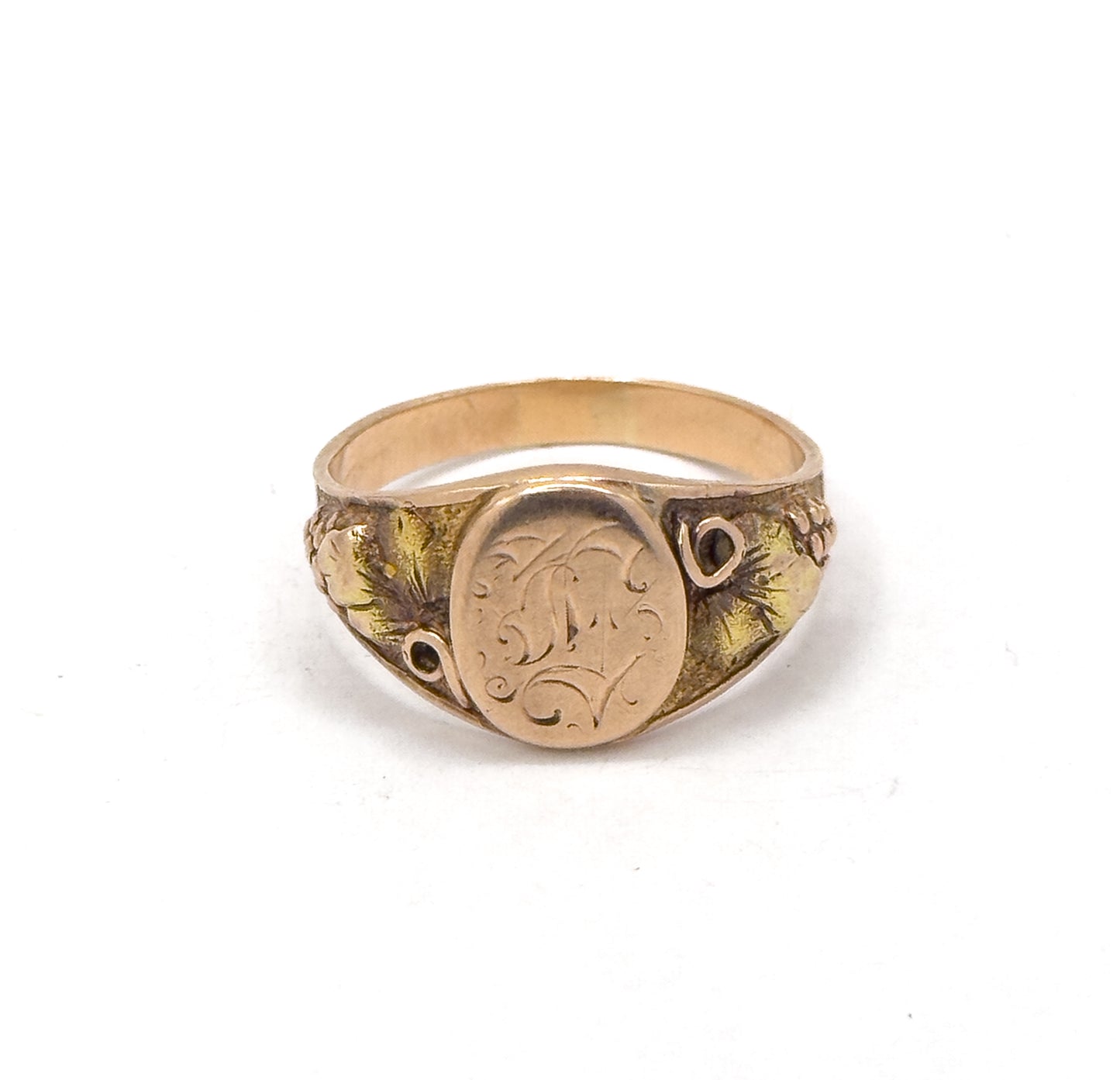 Edwardian Black Hilld Gold Engraved Signet Ring in 10K Rose Gold