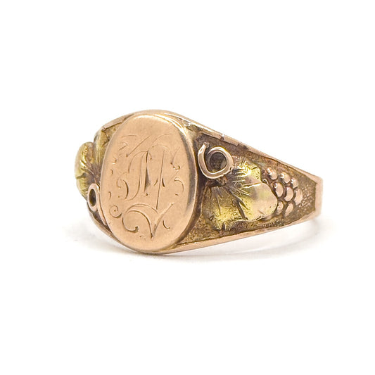 Edwardian Black Hilld Gold Engraved Signet Ring in 10K Rose Gold