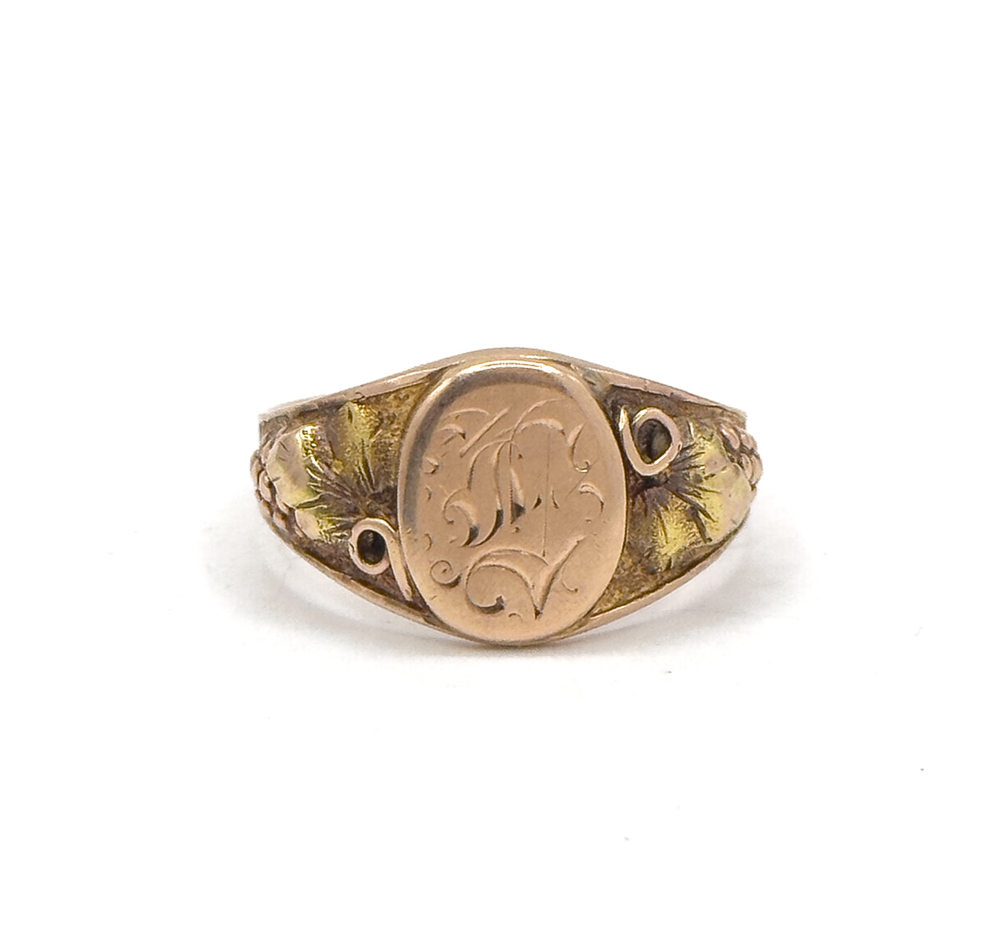 Edwardian Black Hilld Gold Engraved Signet Ring in 10K Rose Gold
