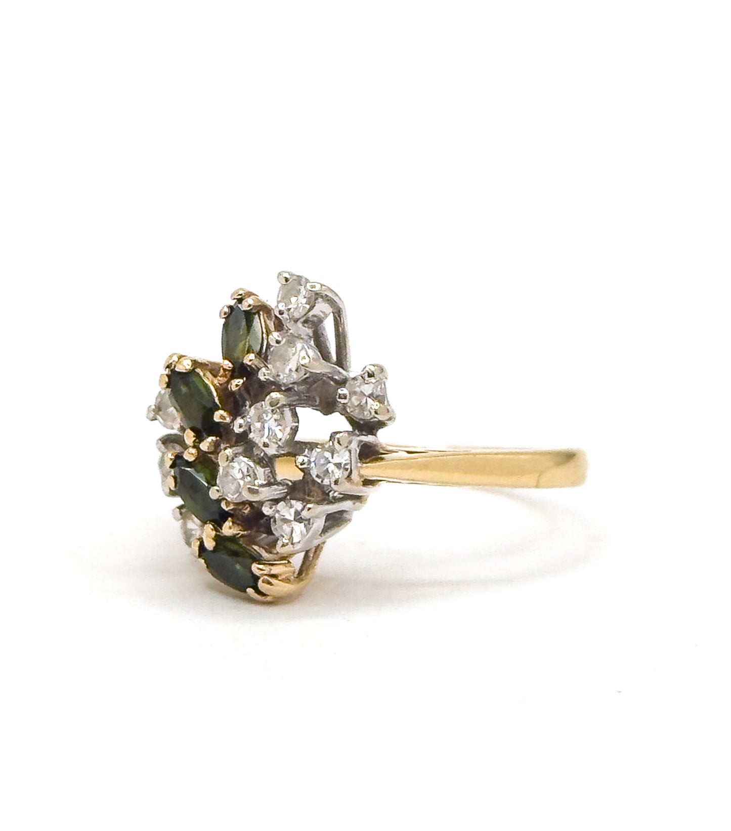 Vintage Green Tourmaline Marquise & Diamond Cluster Ring in 14K