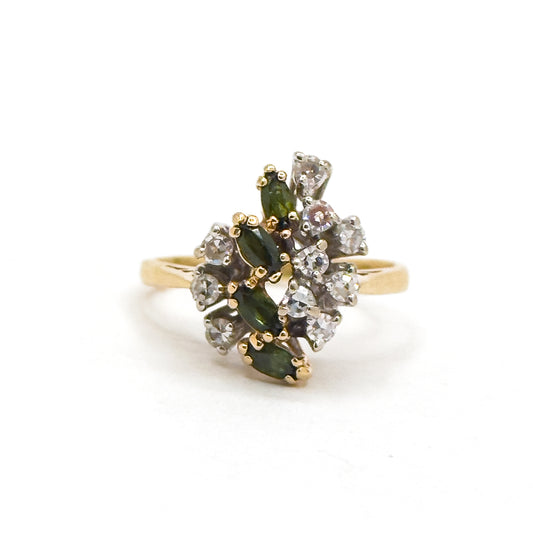 Vintage Green Tourmaline Marquise & Diamond Cluster Ring in 14K