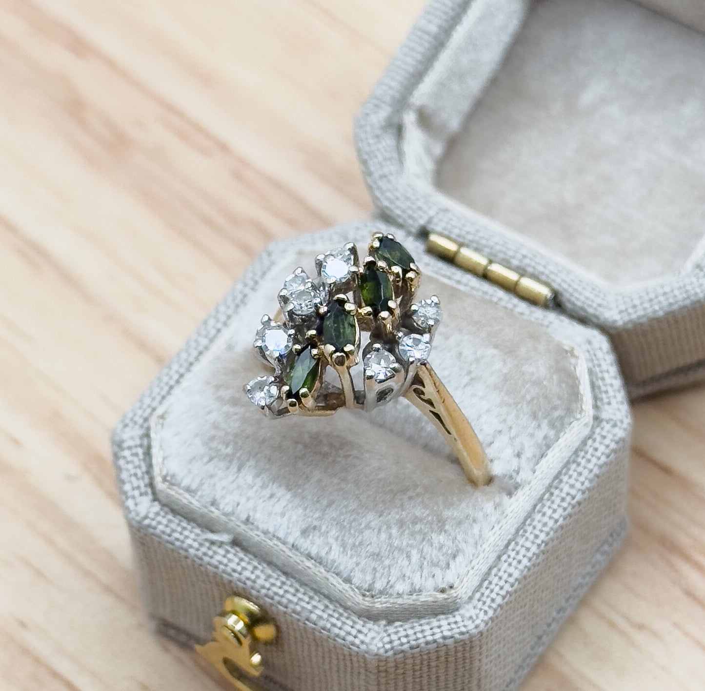 Vintage Green Tourmaline Marquise & Diamond Cluster Ring in 14K