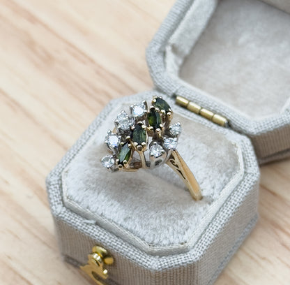 Vintage Green Tourmaline Marquise & Diamond Cluster Ring in 14K