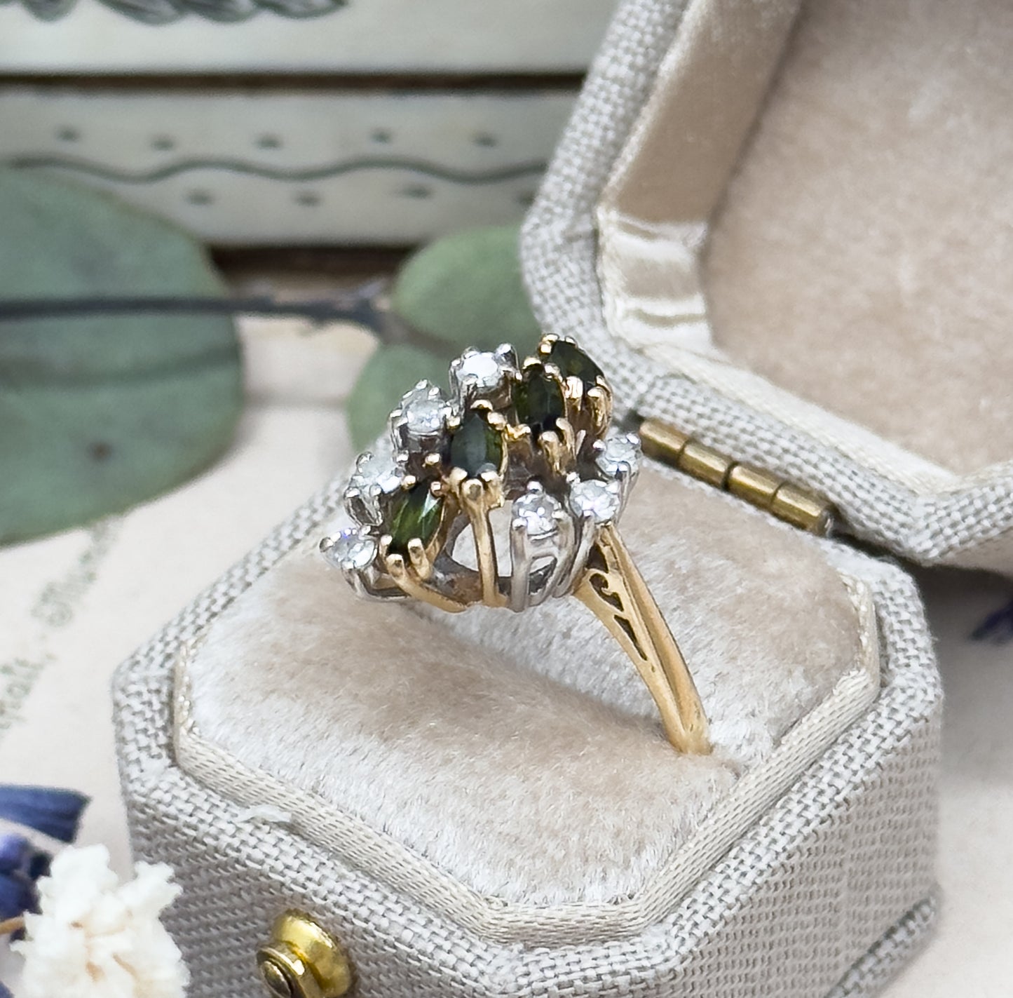 Vintage Green Tourmaline Marquise & Diamond Cluster Ring in 14K