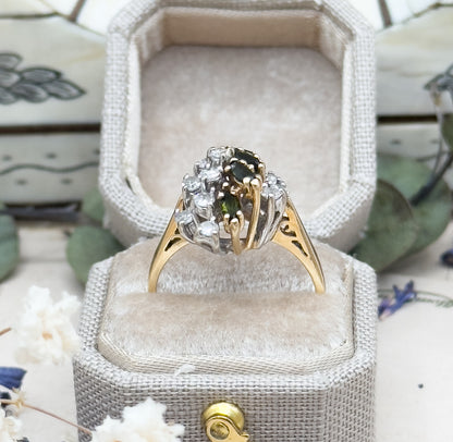 Vintage Green Tourmaline Marquise & Diamond Cluster Ring in 14K