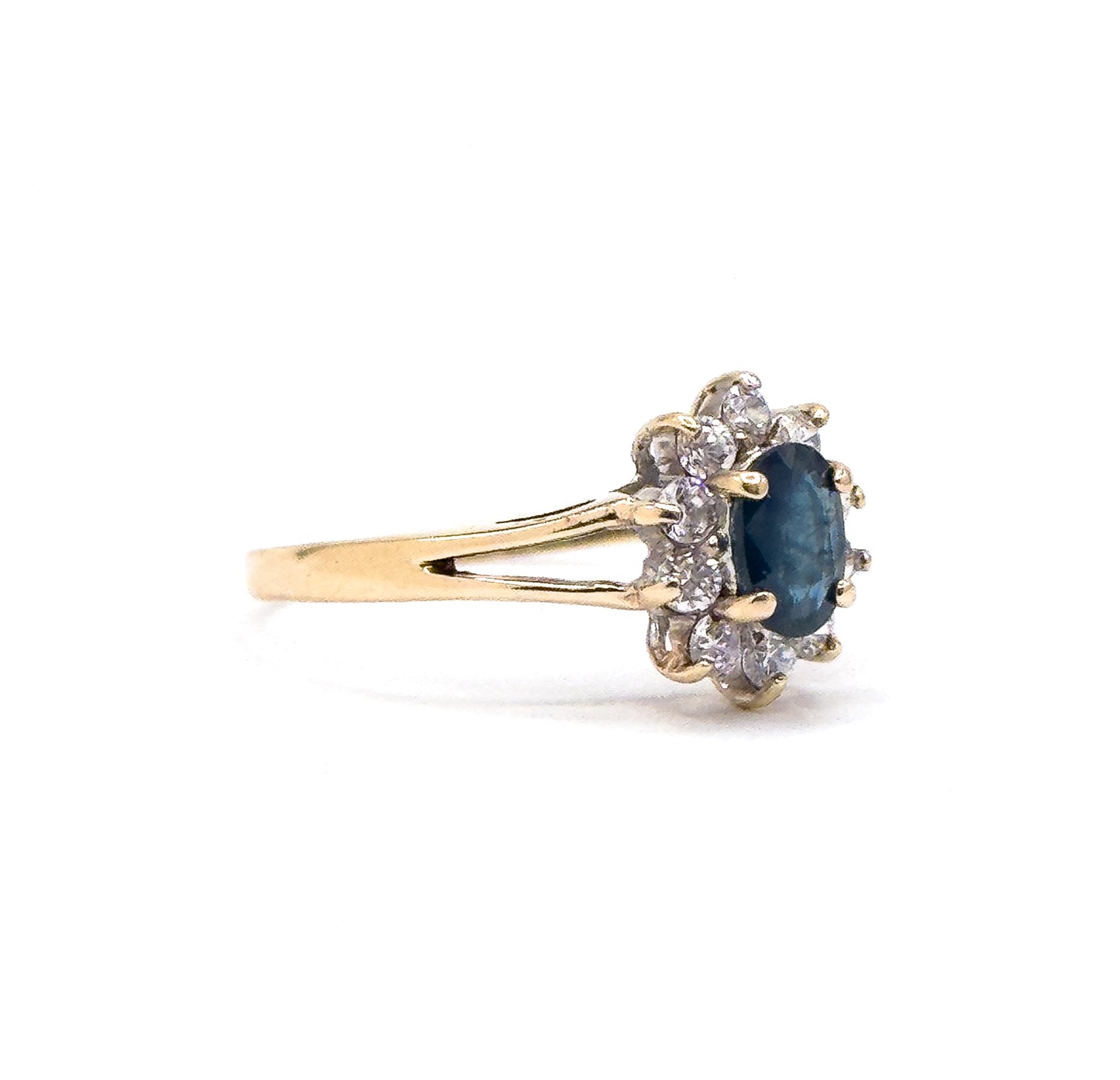 Vintage Oval Sapphire Ring with Synthetic Gem Halo in 10K Gold