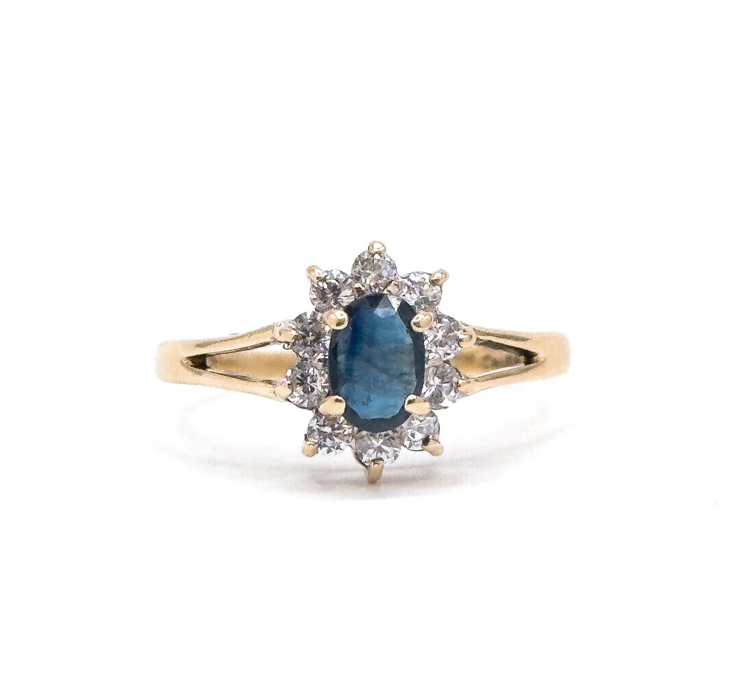 Vintage Oval Sapphire Ring with Synthetic Gem Halo in 10K Gold