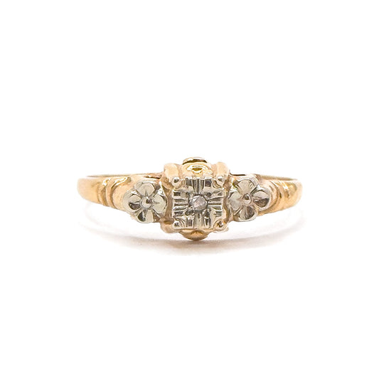 Vintage Rose Cut Diamond Solitaire Ring with Floral Details in 14K Gold