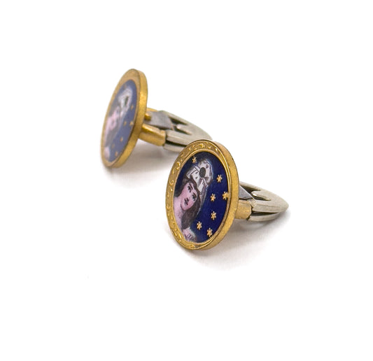 Antique Hand Painted Guilloche Moon Maiden Cufflinks