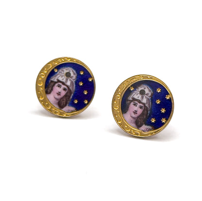 Antique Hand Painted Guilloche Moon Maiden Cufflinks