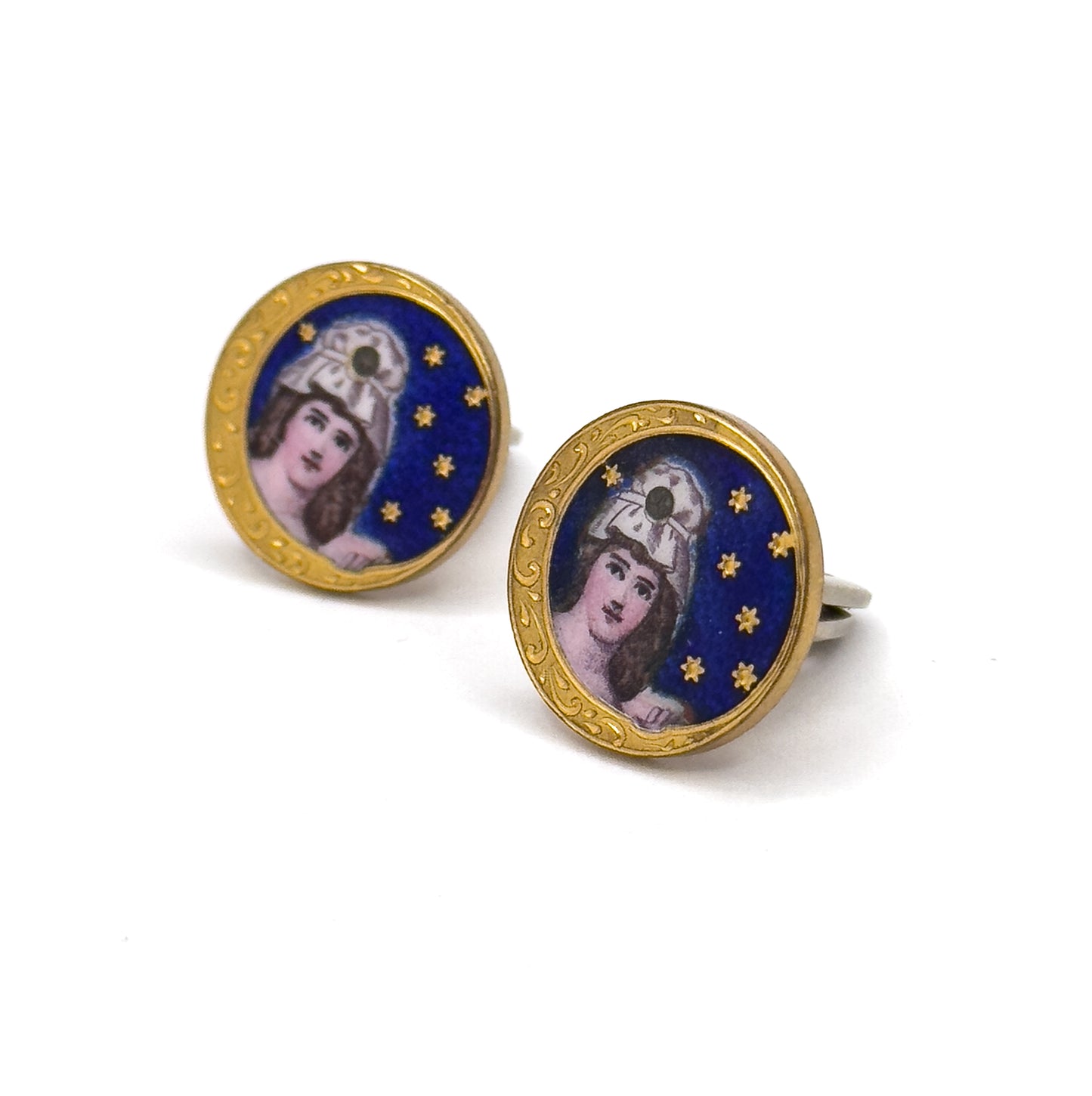 Antique Hand Painted Guilloche Moon Maiden Cufflinks