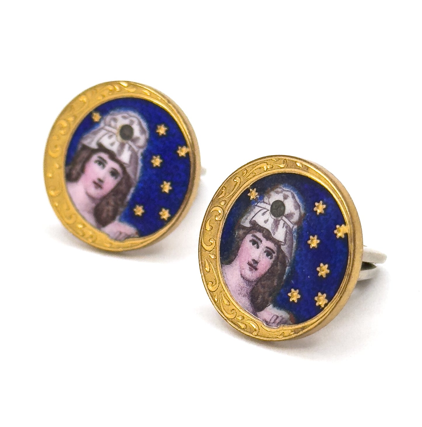 Antique Hand Painted Guilloche Moon Maiden Cufflinks