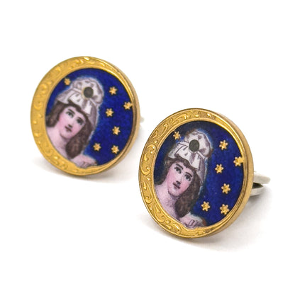 Antique Hand Painted Guilloche Moon Maiden Cufflinks