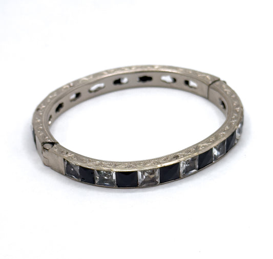 Art Deco Hinged Paste glass Bangle Black and Clear in White Metal