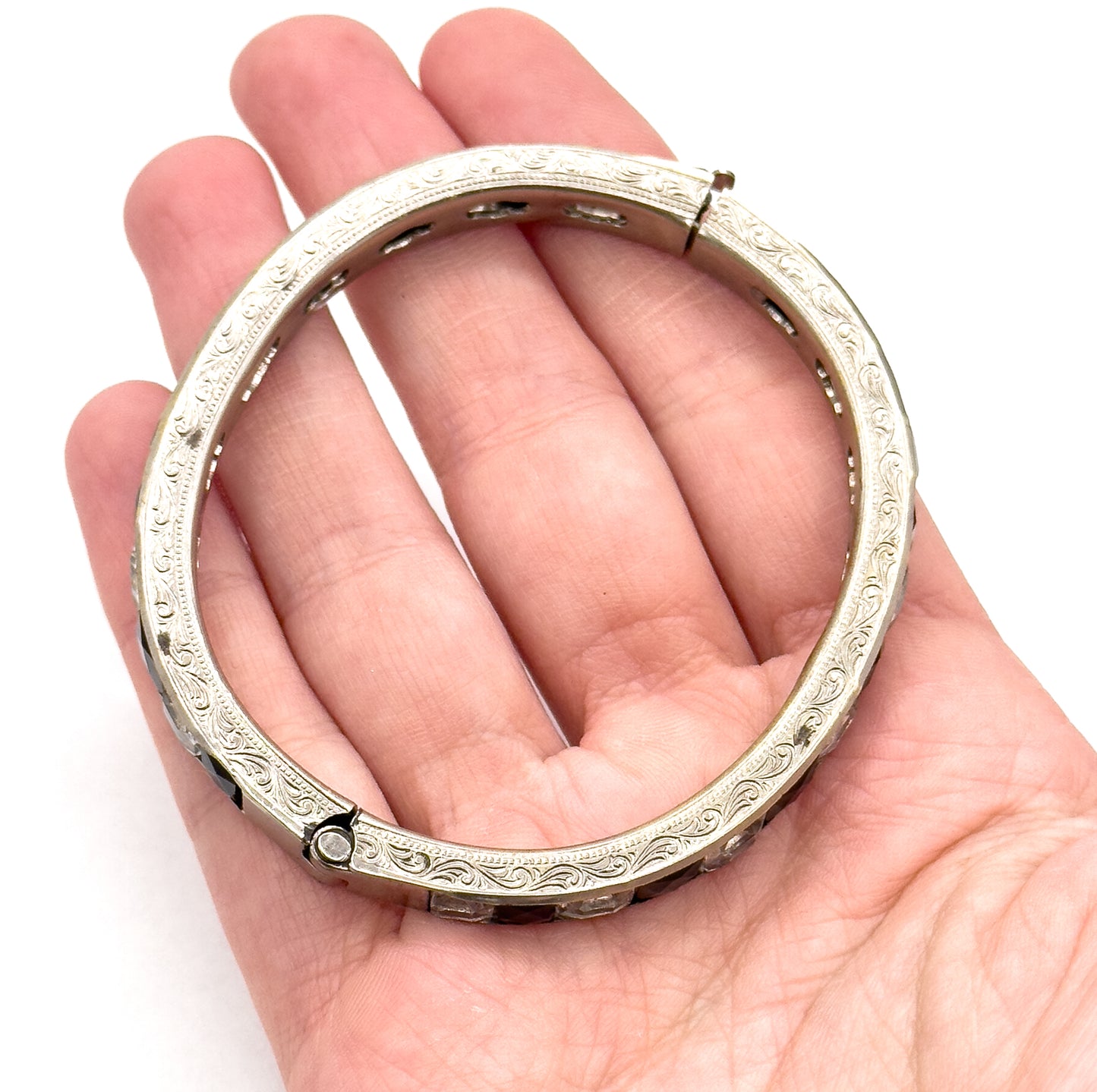 Art Deco Hinged Paste glass Bangle Black and Clear in White Metal