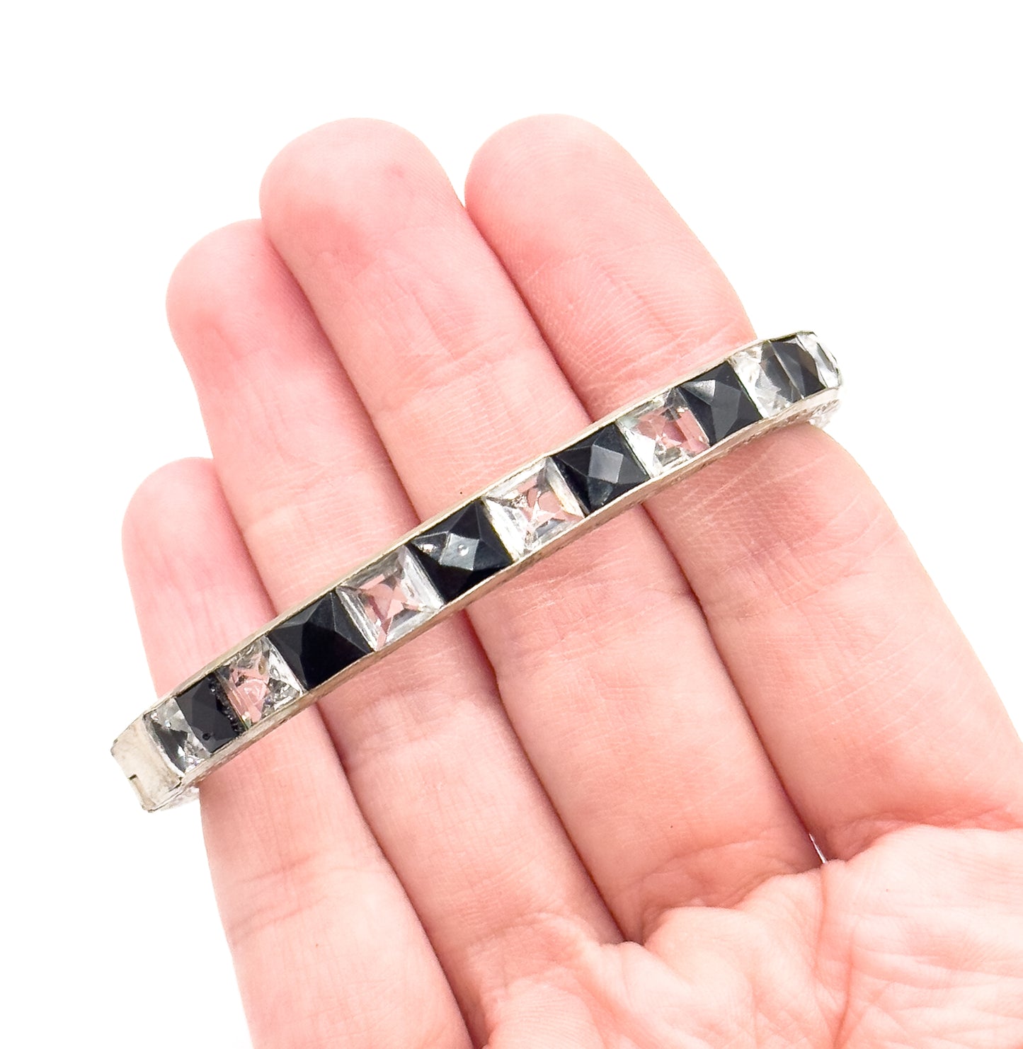 Art Deco Hinged Paste glass Bangle Black and Clear in White Metal