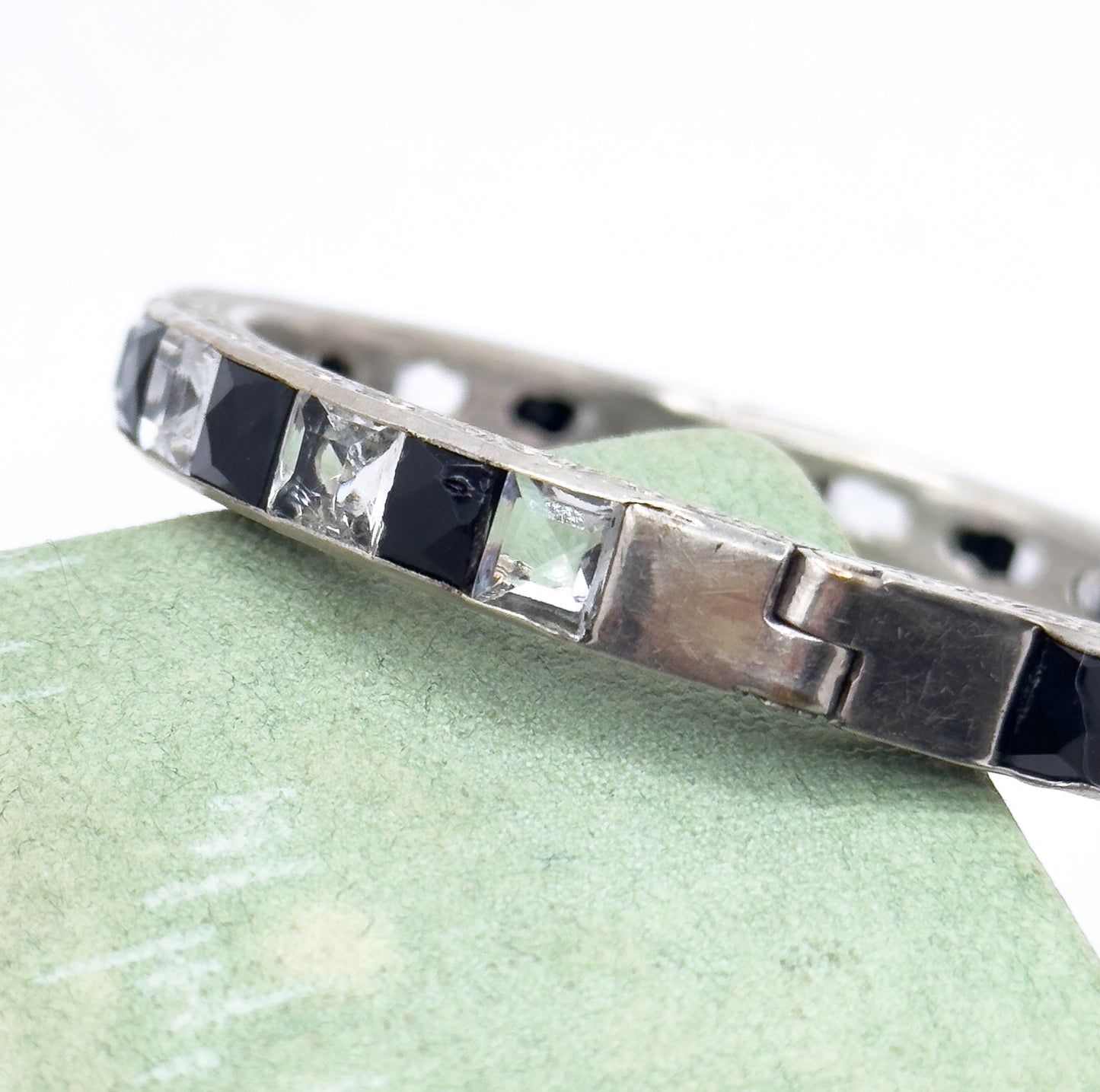 Art Deco Hinged Paste glass Bangle Black and Clear in White Metal