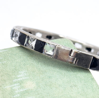 Art Deco Hinged Paste glass Bangle Black and Clear in White Metal