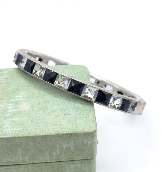 Art Deco Hinged Paste glass Bangle Black and Clear in White Metal