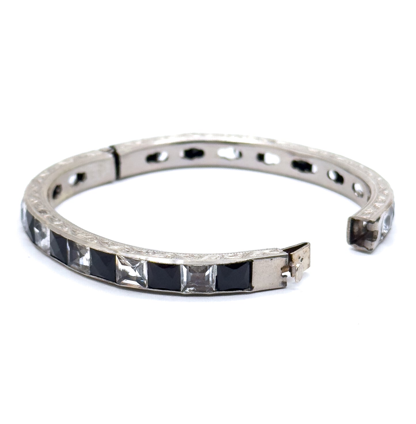 Art Deco Hinged Paste glass Bangle Black and Clear in White Metal