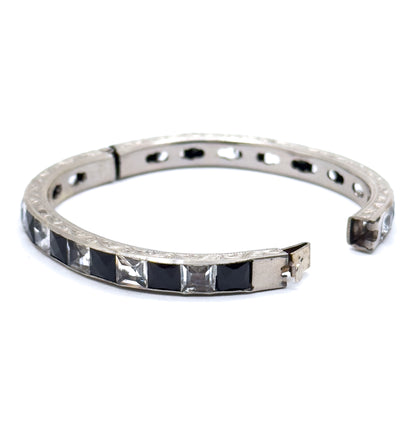 Art Deco Hinged Paste glass Bangle Black and Clear in White Metal