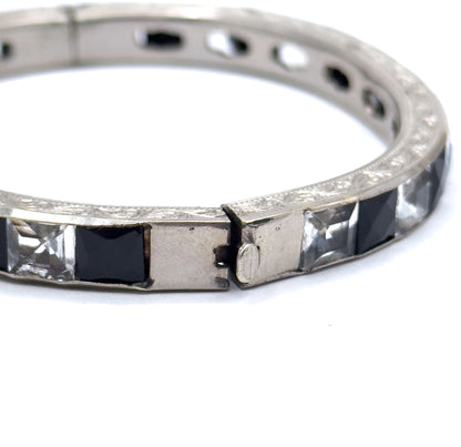 Art Deco Hinged Paste glass Bangle Black and Clear in White Metal
