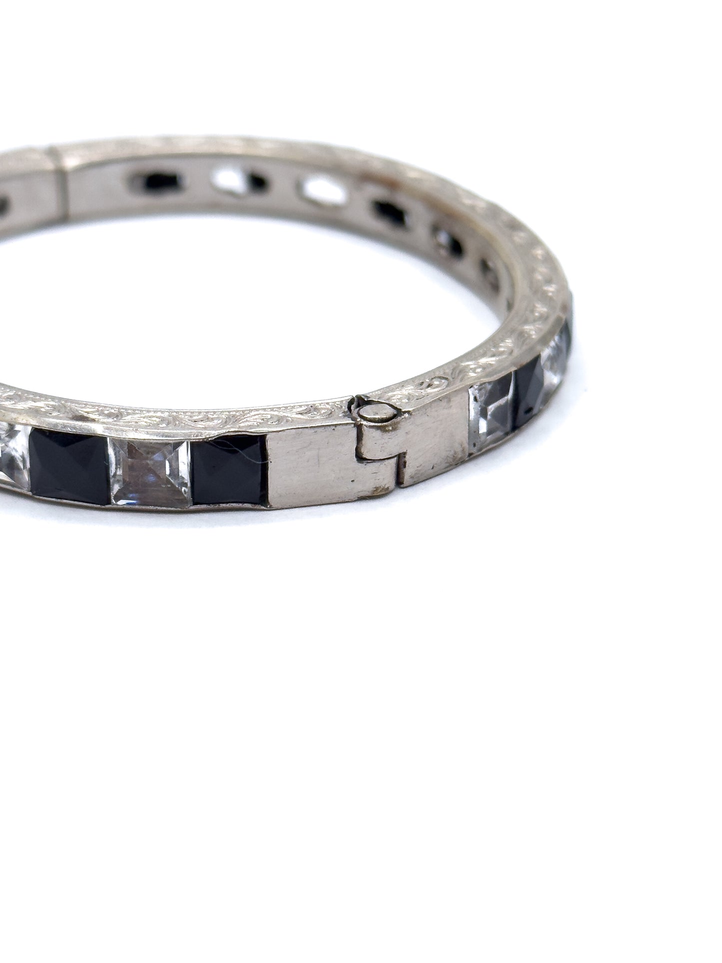 Art Deco Hinged Paste glass Bangle Black and Clear in White Metal