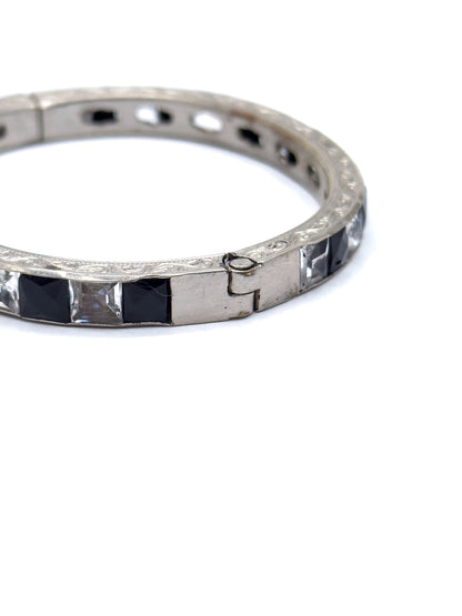 Art Deco Hinged Paste glass Bangle Black and Clear in White Metal