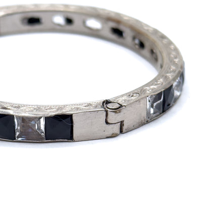 Art Deco Hinged Paste glass Bangle Black and Clear in White Metal