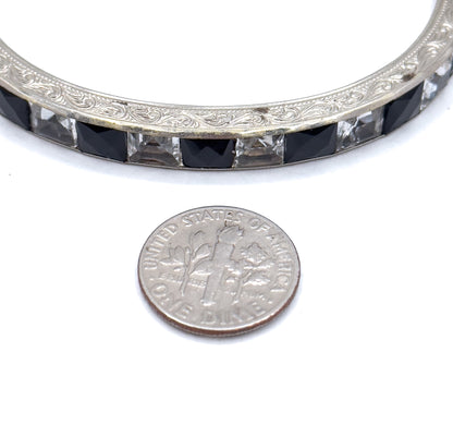 Art Deco Hinged Paste glass Bangle Black and Clear in White Metal