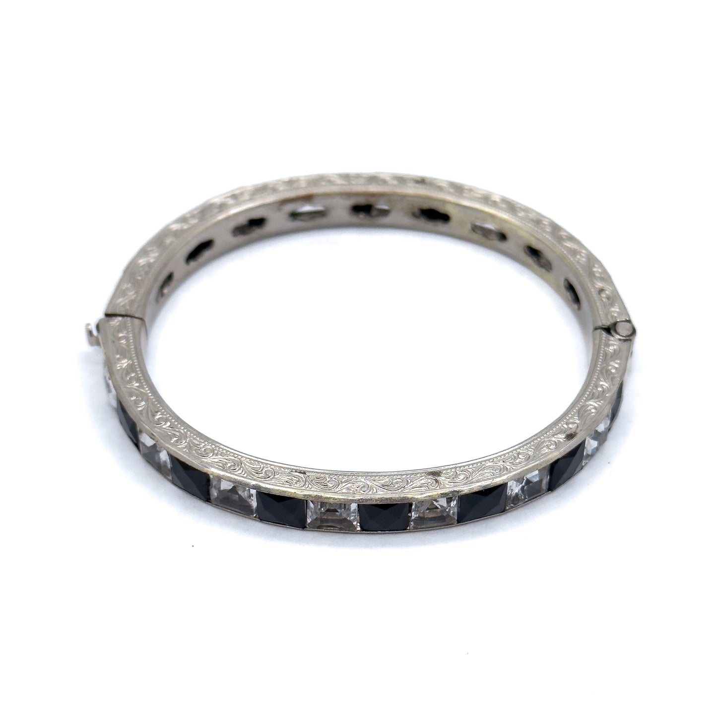 Art Deco Hinged Paste glass Bangle Black and Clear in White Metal