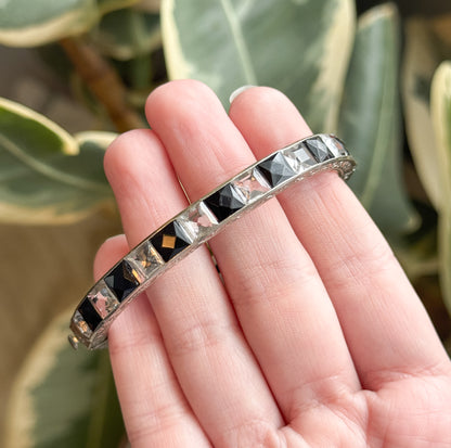 Art Deco Hinged Paste glass Bangle Black and Clear in White Metal