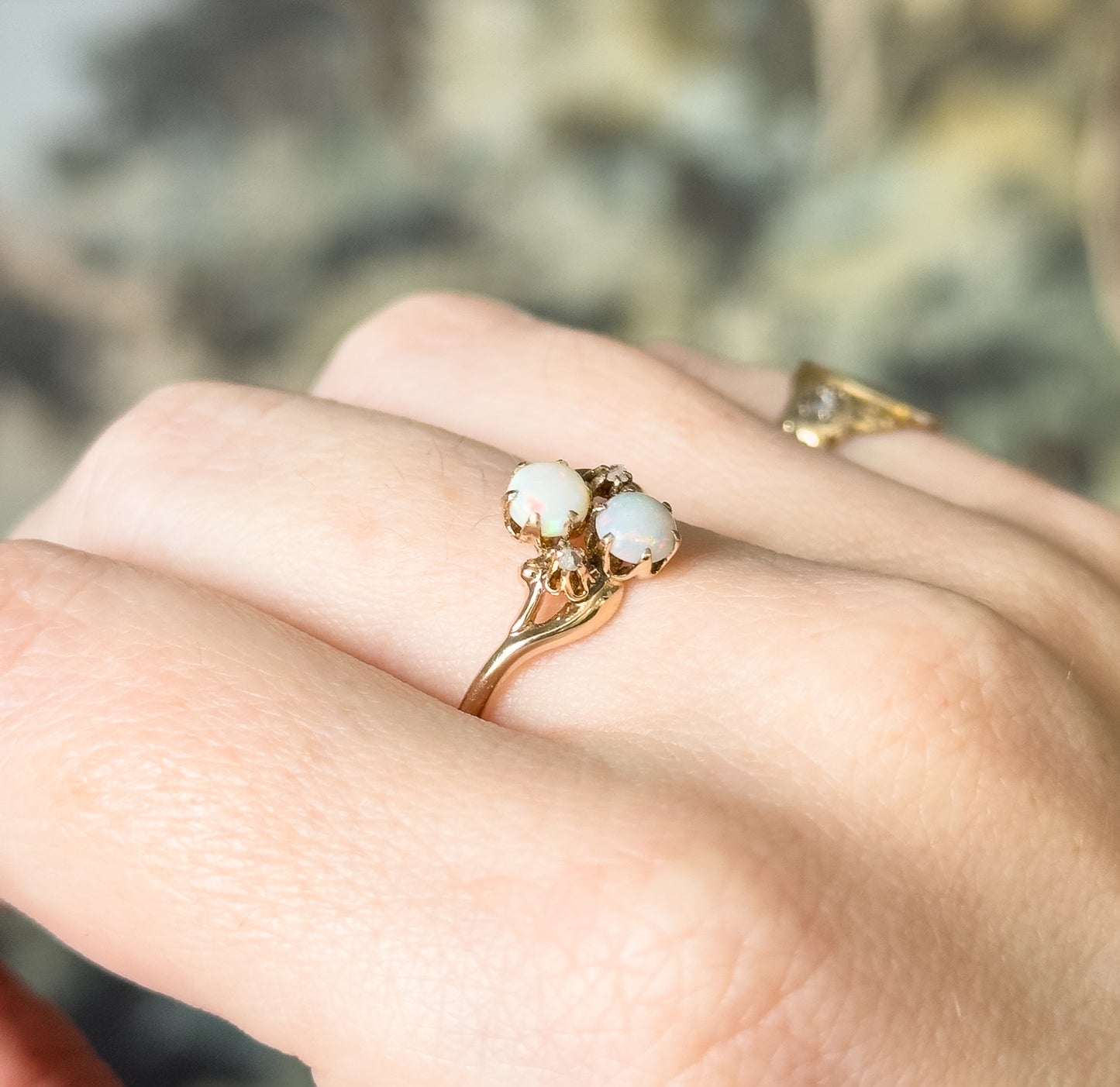 Edwardian Opal & Diamond Moi et Toi Ring in 10K Yellow Gold by Ostby & Barton