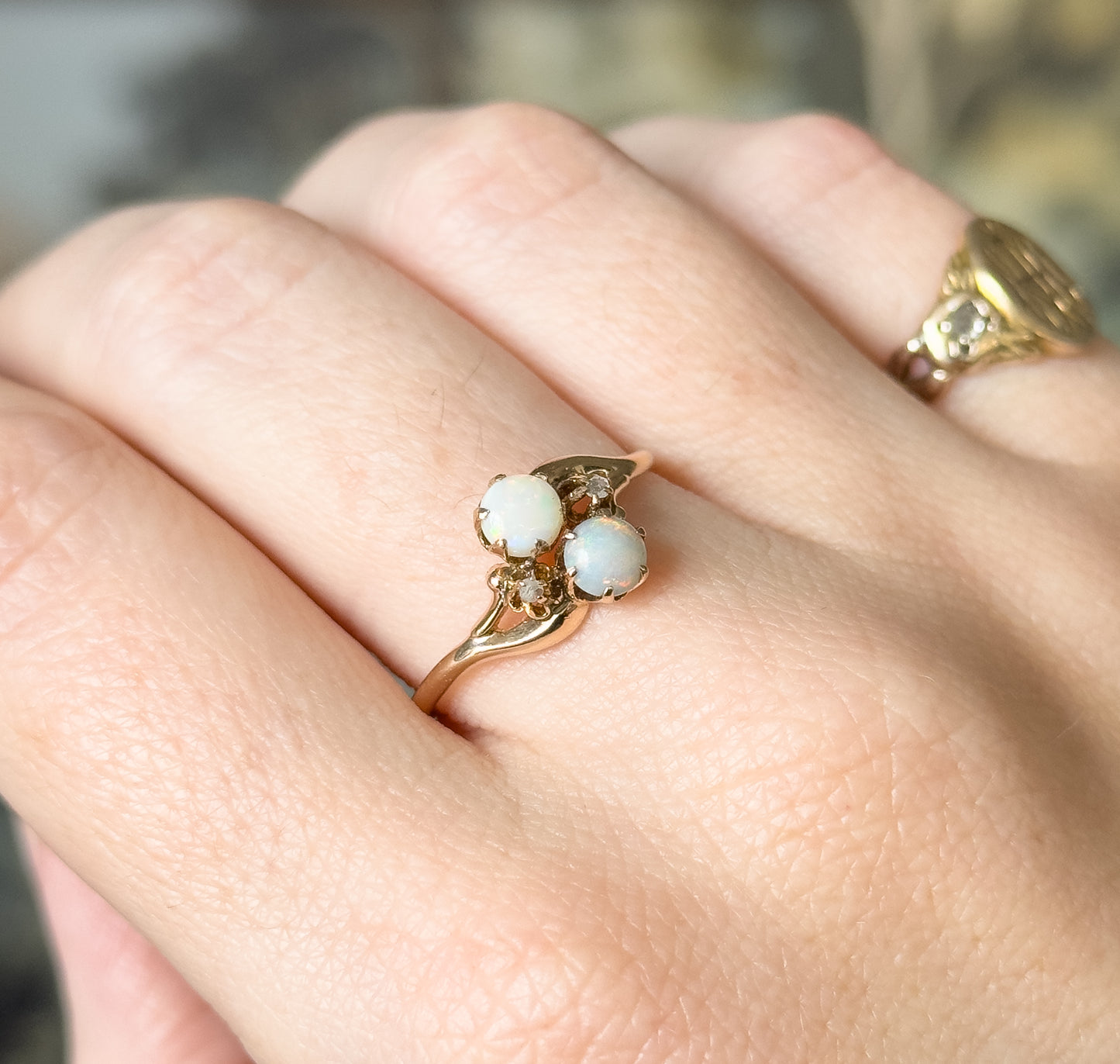 Edwardian Opal & Diamond Moi et Toi Ring in 10K Yellow Gold by Ostby & Barton