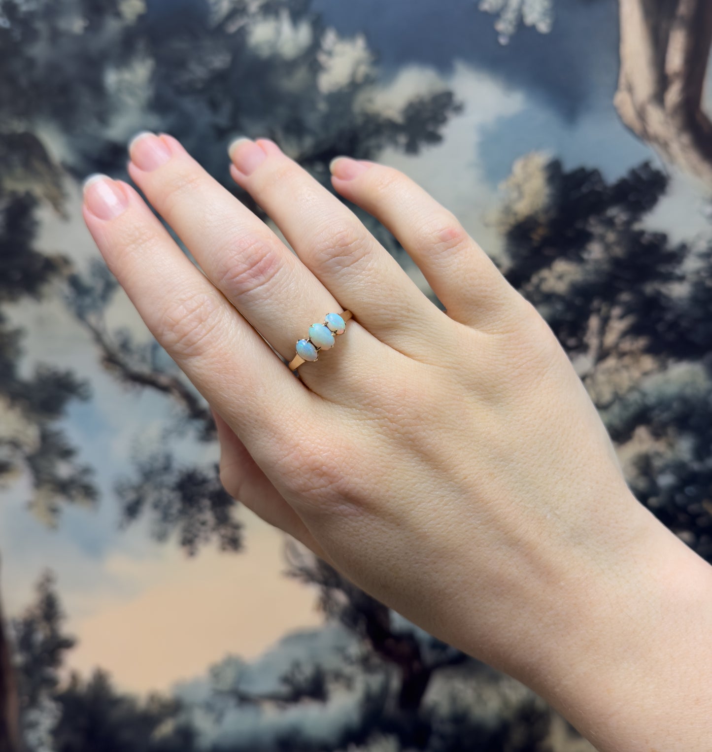 Edwardian Opal Cabochon Three Stone Ring in 10K Gold