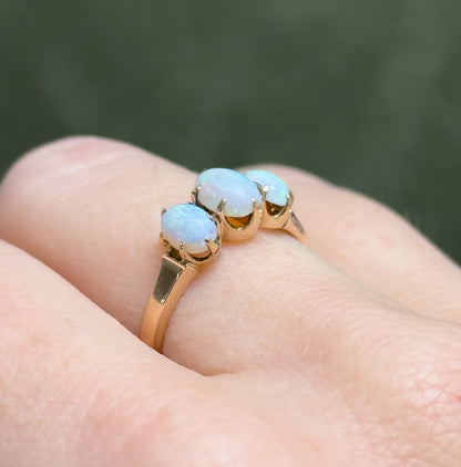 Edwardian Opal Cabochon Three Stone Ring in 10K Gold