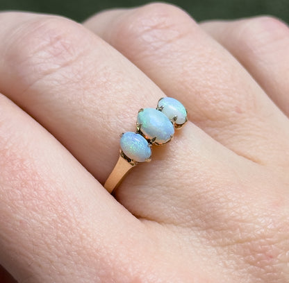 Edwardian Opal Cabochon Three Stone Ring in 10K Gold