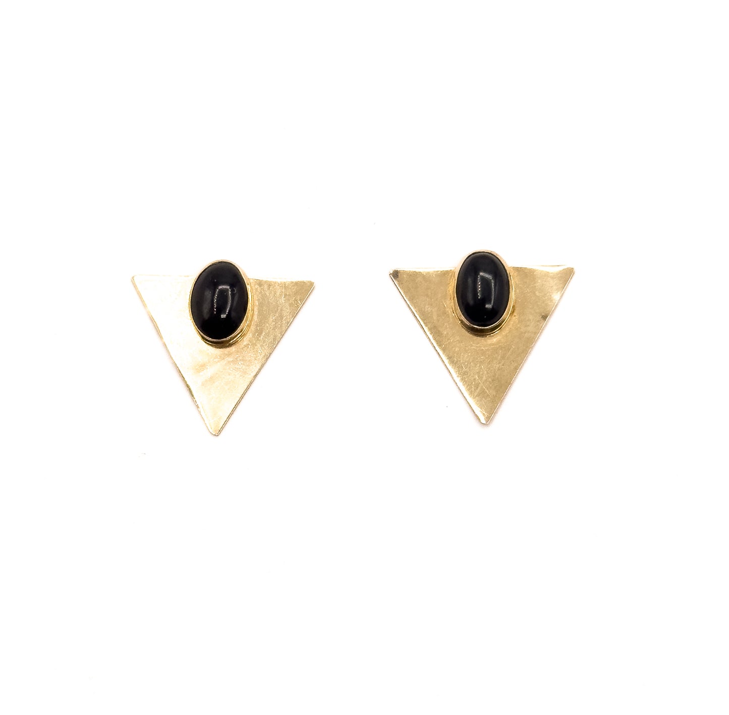Vintage 1990s Triangular Stud Earrings w Onyx Cabochon in 10K Gold