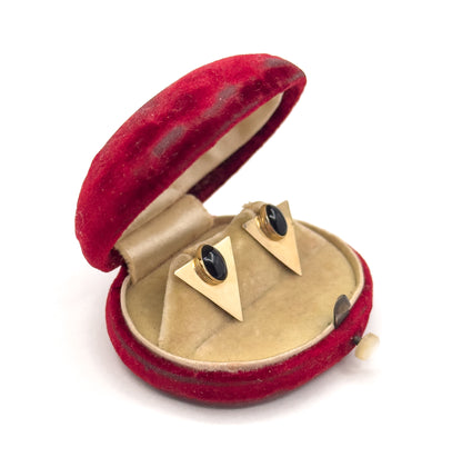 Vintage 1990s Triangular Stud Earrings w Onyx Cabochon in 10K Gold
