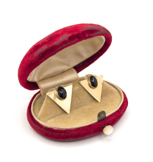 Vintage 1990s Triangular Stud Earrings w Onyx Cabochon in 10K Gold